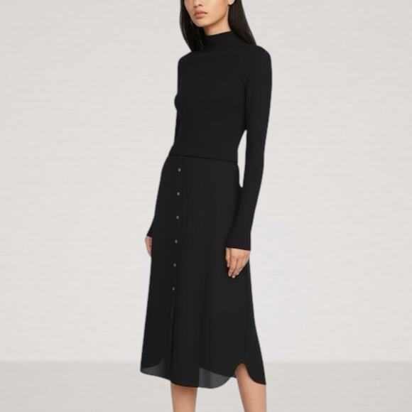 Theory Size S Mix Media Long Sleeve Rib Sweater Dress Black Modest Professional - Picture 1 of 12